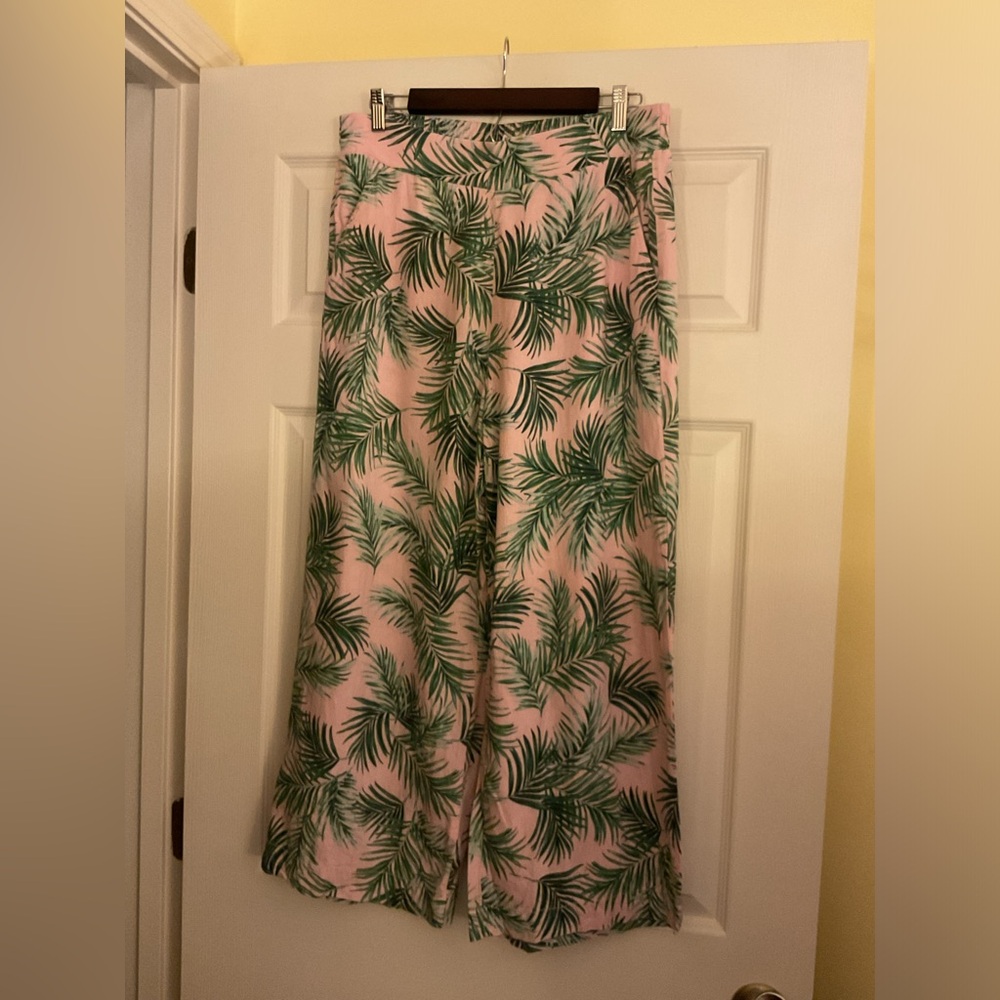 Kensie Jeans Pink Green Palm Print Linen Blend Wide Leg Pants Medium Beautiful